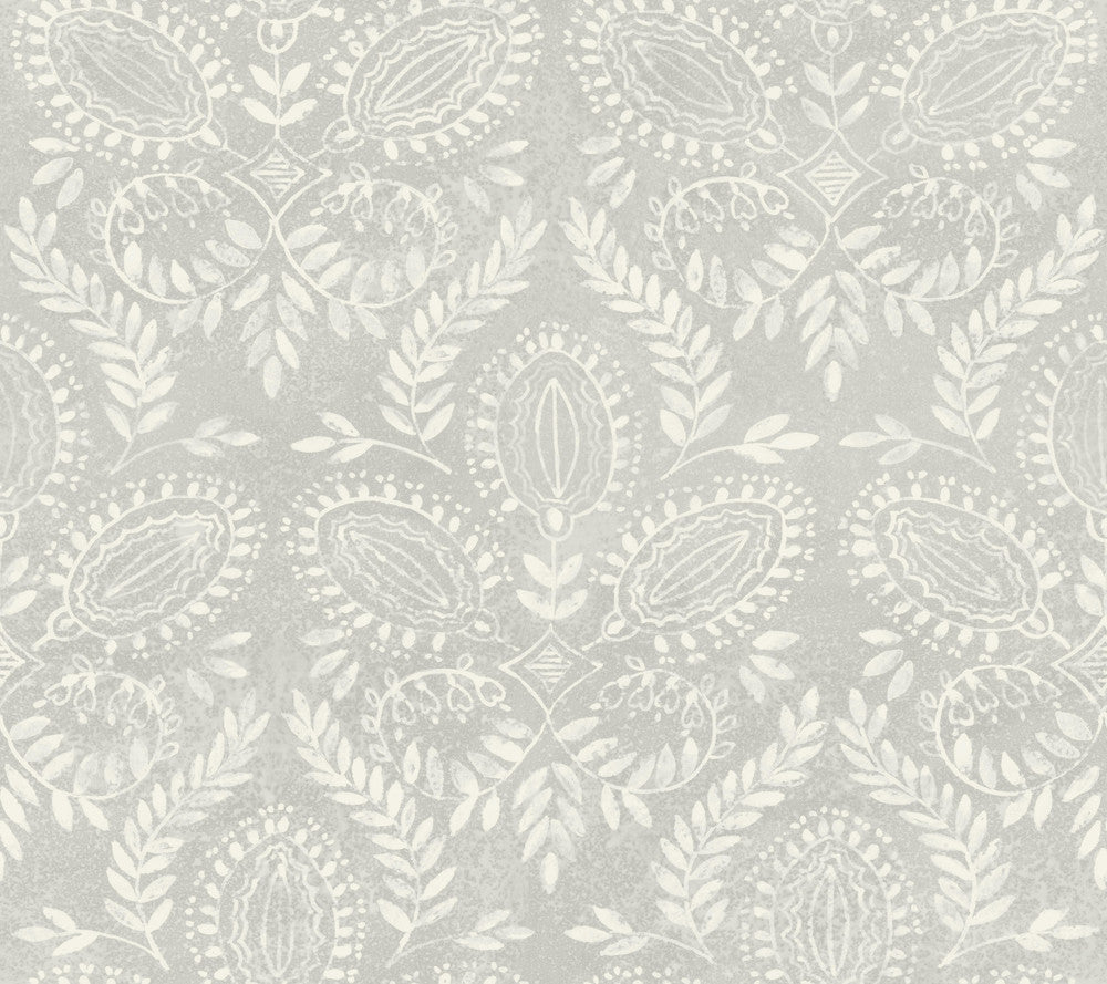 Laurel Damask Grey Wallpaper by Antonina Vella Antonina Vella Boho Luxe Covers about 60.8 square feet 27-in by 27-ft long roll Unpasted 24 - Fabric Carolina -
