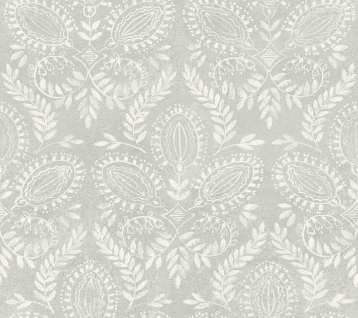 Laurel Damask Grey Wallpaper by Antonina Vella Antonina Vella Boho Luxe Covers about 60.8 square feet 27-in by 27-ft long roll Unpasted 24 - Fabric Carolina -