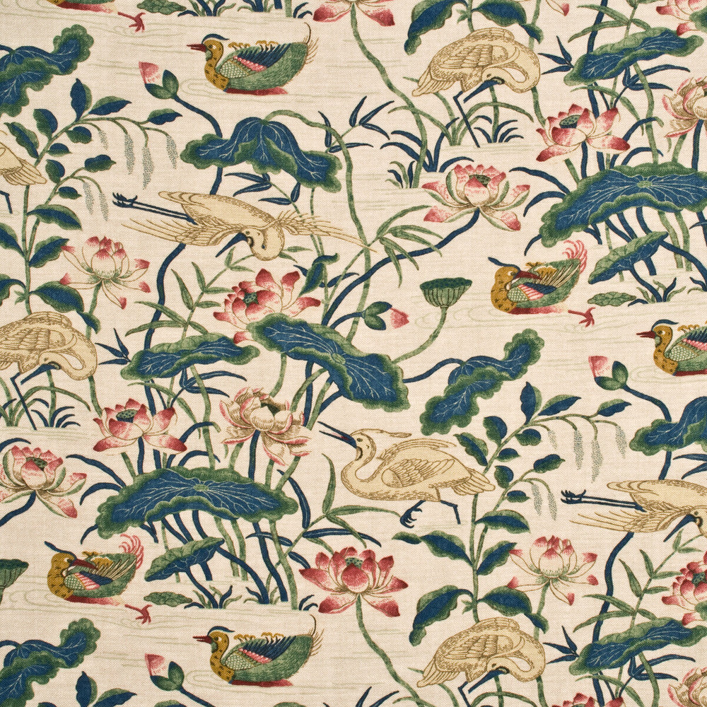 Heron & Lotus Flower Indigo/Pink by G P & J Baker Fabric EMPEROR'S GARDEN LINEN - 100% United Kingdom - Horizontal: - and Vertical: 36.642 53.978 - Fabric Carolina -