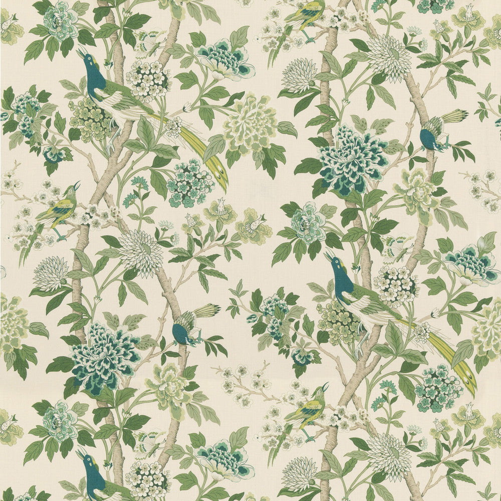 Hydrangea Bird (Archive) Green by G P & J Baker Fabric CHIFU LINEN - 100% Thailand MEDIUM Horizontal: 52.796 and Vertical: 41.764 52.796 - Fabric Carolina -