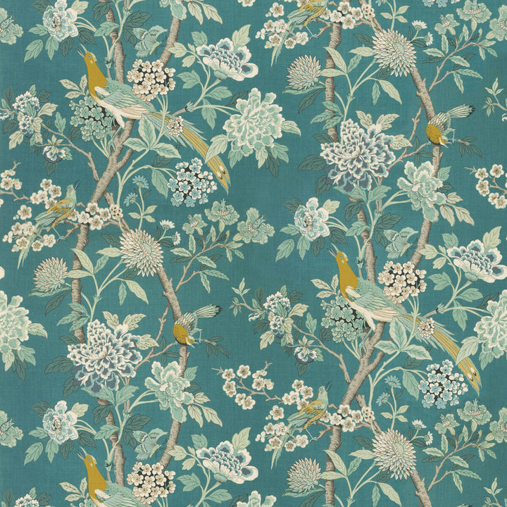 Hydrangea Bird (Archive) Teal by G P & J Baker Fabric CHIFU LINEN - 100% Thailand MEDIUM Horizontal: 52.796 and Vertical: 41.764 52.796 - Fabric Carolina -