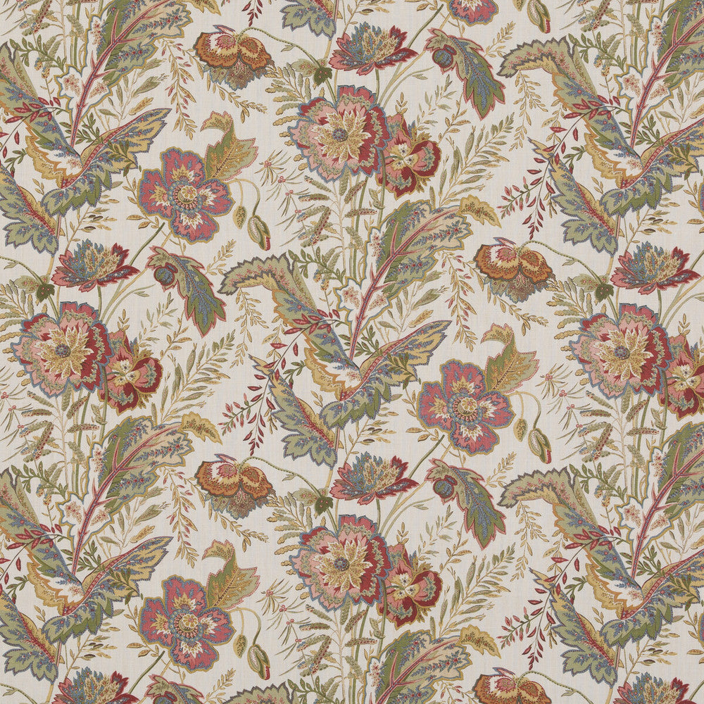 Indienne Flower Emerald/Red by G P & J Baker Fabric CASPIAN LINEN - 100% Thailand Horizontal: 17.336 and Vertical: 26.792 52.402 - Fabric Carolina -