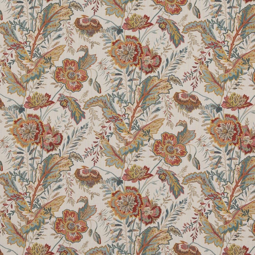 Indienne Flower Red/Teal by G P & J Baker Fabric CASPIAN LINEN - 100% Thailand Horizontal: 17.336 and Vertical: 26.792 52.402 - Fabric Carolina -