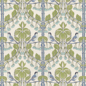Birds & Cherries Green/Blue by G P & J Baker Fabric