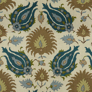 Kashmiri Linen Print Teal Blue/Taupe by Brunschwig & Fils Fabric