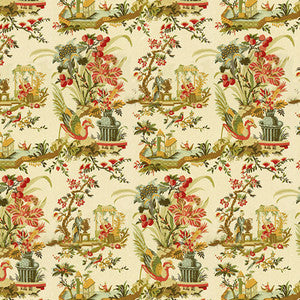 Le Lac Linen Print Teal And Melon On Cream by Brunschwig & Fils Fabric