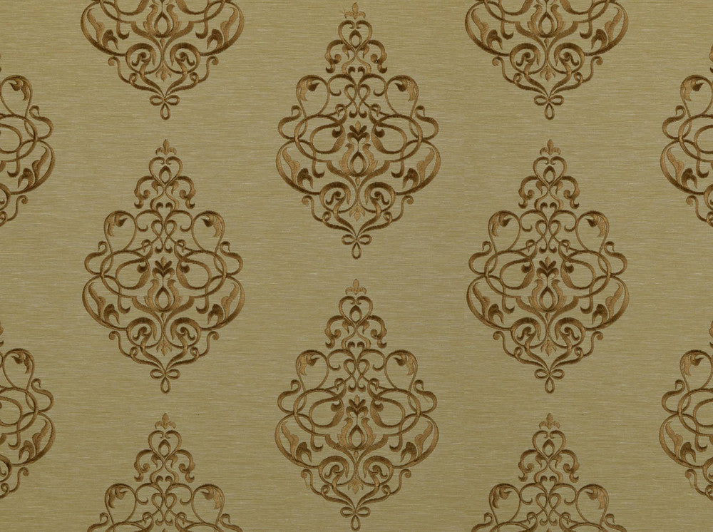 Buckingham Vintage Gold 881 by Jennifer Adams Designer Fabric our website for purchase Base Cloth: 86% Polyester/14% Cotton; Embroid India 35000 Horizontal: 17.25" and Vertical: 12.25" 54" - Swanky Fabrics -