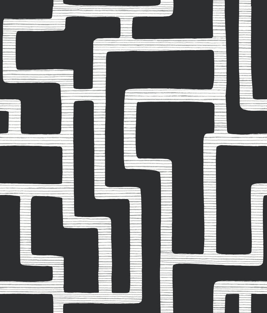 Graphic Polyomino Black & White Wallpaper by Inspired by Color Black & White Resource Library Covers about 56.4 square feet 20.5-in by 33-ft long roll Prepasted 24 - Fabric Carolina -
