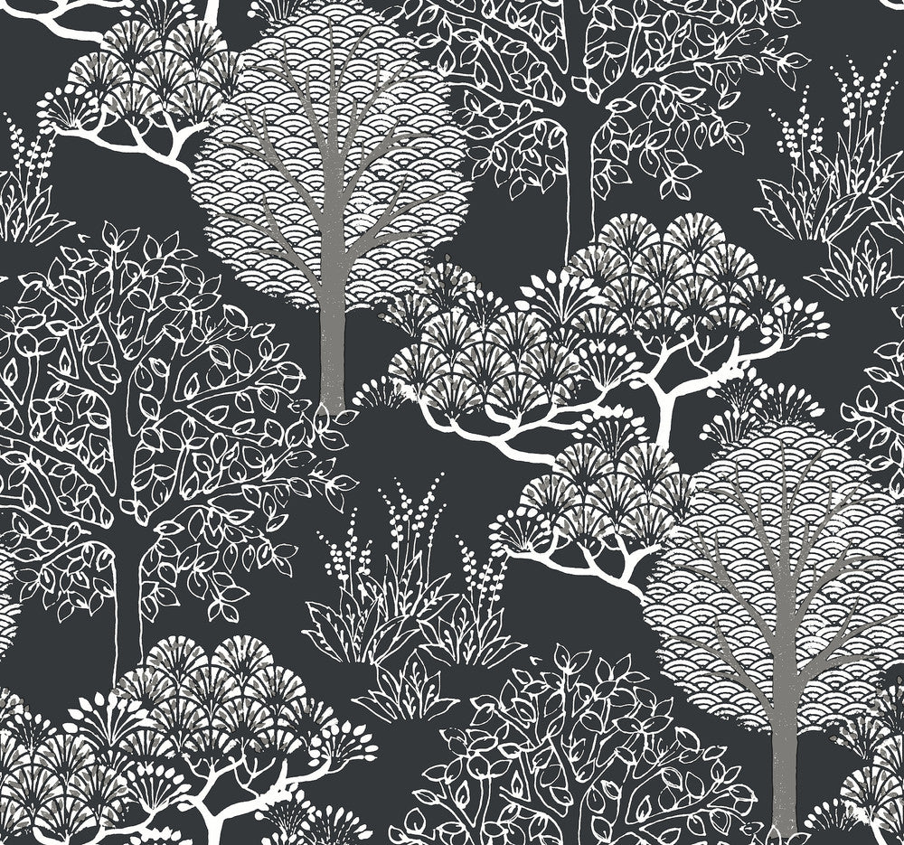 Kimono Trees Black Metallic Wallpaper by Inspired by Color Black & White, III Covers about 60.8 square feet 27-in by 27-ft long roll Prepasted 25.25 - Fabric Carolina -