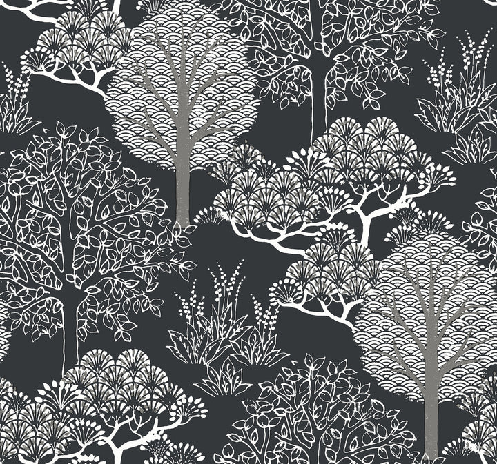 Kimono Trees Black Metallic Wallpaper by Inspired by Color Black & White, III Covers about 60.8 square feet 27-in by 27-ft long roll Prepasted 25.25 - Fabric Carolina -