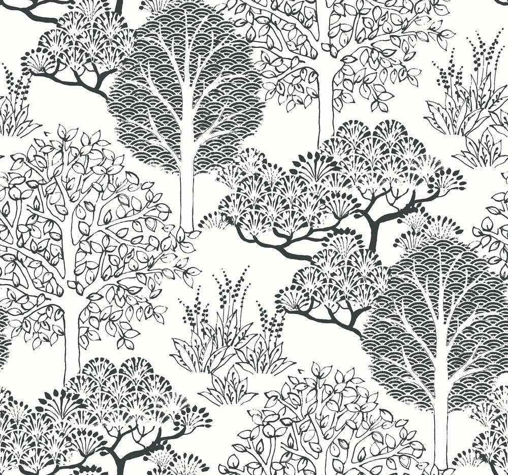 Kimono Trees White & Black Wallpaper by Inspired by Color Black & White Resource Library Covers about 60.8 square feet 27-in by 27-ft long roll Prepasted 25.25 - Fabric Carolina -
