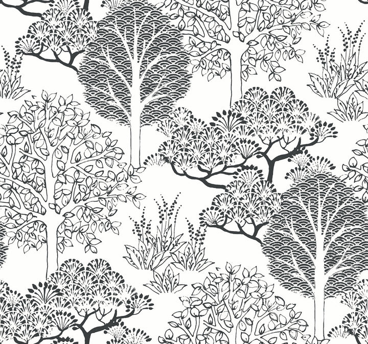 Kimono Trees White & Black Wallpaper by Inspired by Color Black & White Resource Library Covers about 60.8 square feet 27-in by 27-ft long roll Prepasted 25.25 - Fabric Carolina -
