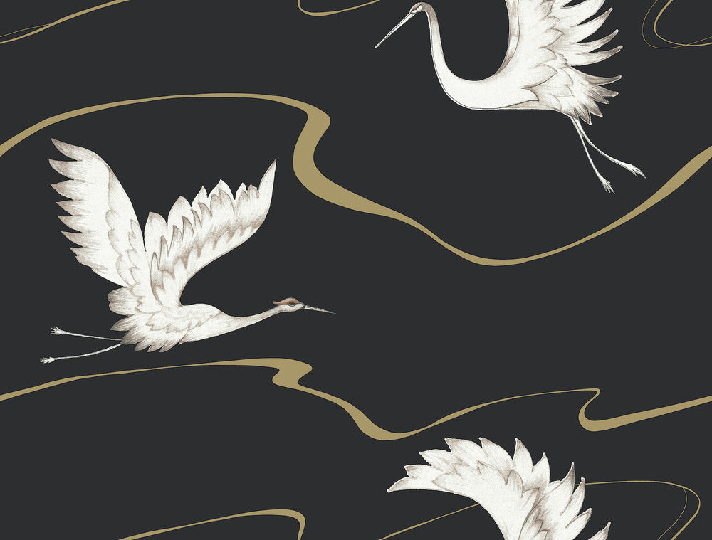 Soaring Cranes Black & Gold Wallpaper by Inspired by Color Black & White, III Covers about 60.8 square feet 27-in by 27-ft long roll Prepasted 20.5 - Fabric Carolina -