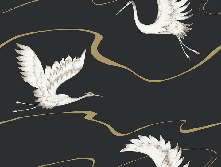 Soaring Cranes Black & Gold Wallpaper by Inspired by Color Black & White, III Covers about 60.8 square feet 27-in by 27-ft long roll Prepasted 20.5 - Fabric Carolina -