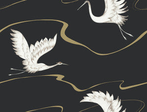 Soaring Cranes Black & Gold Wallpaper by Inspired by Color