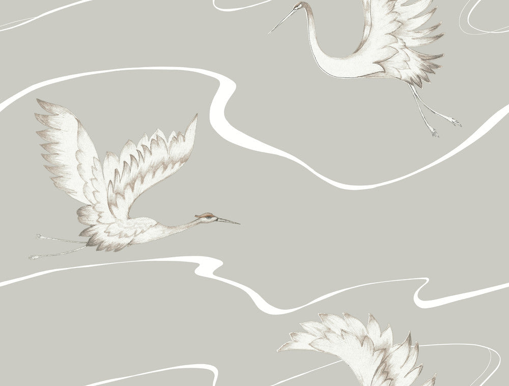 Soaring Cranes Taupe Wallpaper by Inspired by Color Beige & Neutrals Covers about 60.8 square feet 27-in by 27-ft long roll Prepasted 20.5 - Fabric Carolina -