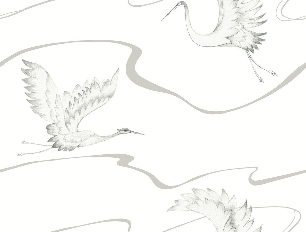 Soaring Cranes White & Silver Wallpaper by Inspired by Color Black & White Resource Library Covers about 60.8 square feet 27-in by 27-ft long roll Prepasted 20.5 - Fabric Carolina -