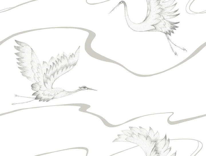 Soaring Cranes White & Silver Wallpaper by Inspired by Color Black & White Resource Library Covers about 60.8 square feet 27-in by 27-ft long roll Prepasted 20.5 - Fabric Carolina -