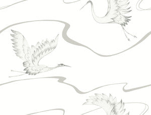 Soaring Cranes White & Silver Wallpaper by Inspired by Color