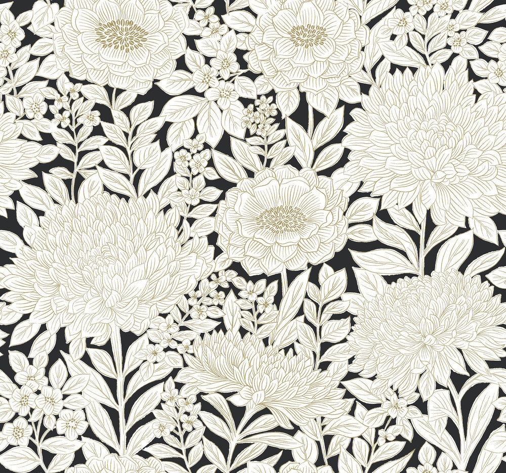 Wood Block Blooms Black & Gold Wallpaper by York Wallcoverings Shimmering Finishes Covers about 60.8 square feet 27-in by 27-ft long roll Prepasted 25.25 - Fabric Carolina -