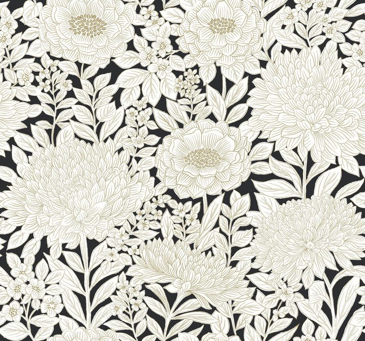 Wood Block Blooms Black & Gold Wallpaper by York Wallcoverings Shimmering Finishes Covers about 60.8 square feet 27-in by 27-ft long roll Prepasted 25.25 - Fabric Carolina -