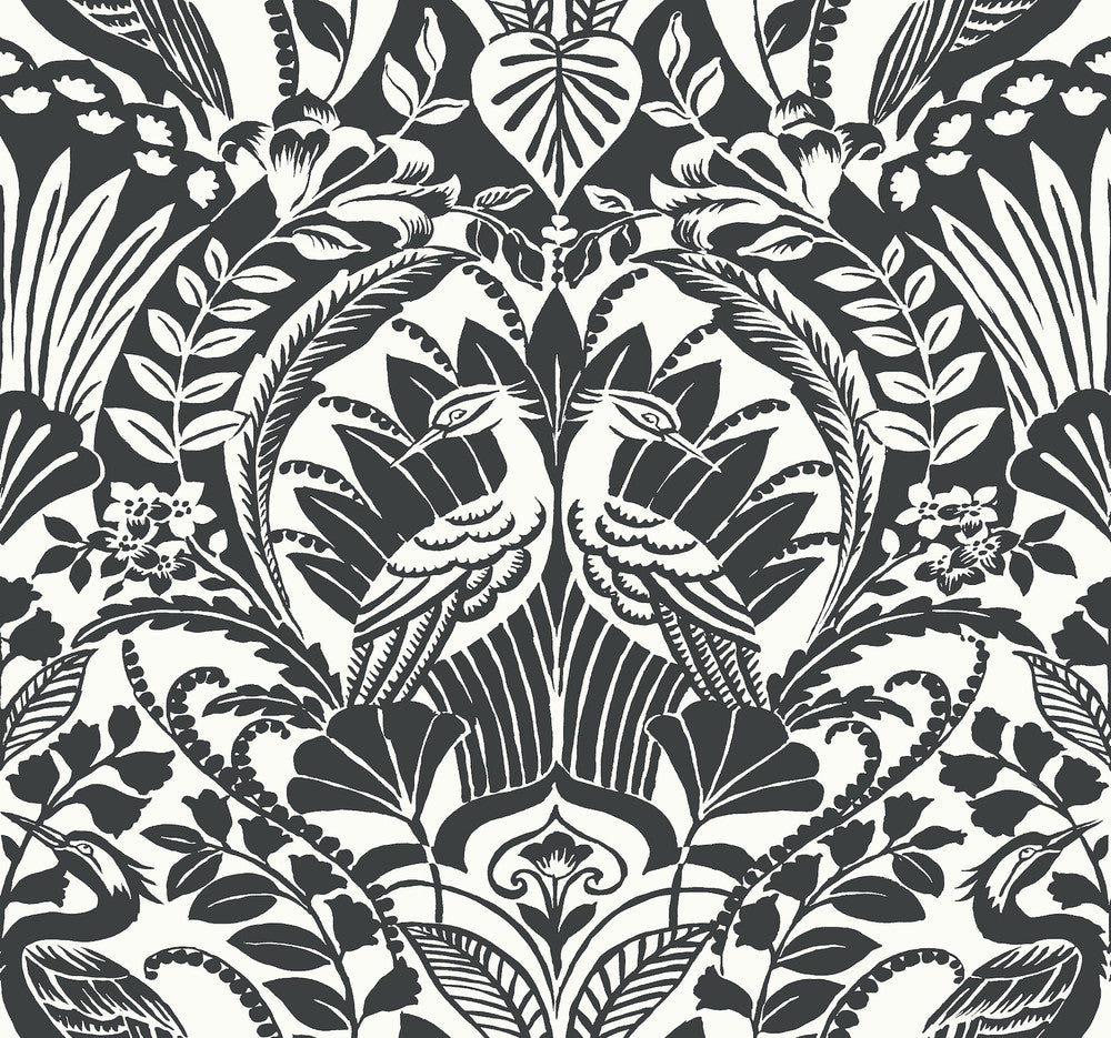 Egret Damask Black & White Wallpaper by Inspired by Color Black & White Resource Library Covers about 60.8 square feet 27-in by 27-ft long roll Prepasted 25.25 - Fabric Carolina -