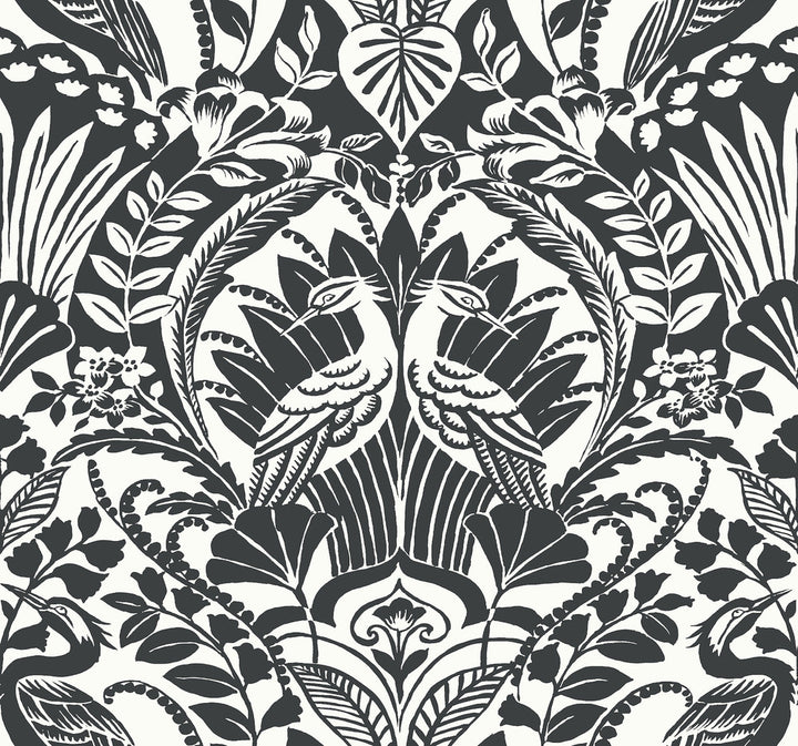 Egret Damask Black & White Wallpaper by Inspired by Color Black & White Resource Library Covers about 60.8 square feet 27-in by 27-ft long roll Prepasted 25.25 - Fabric Carolina -