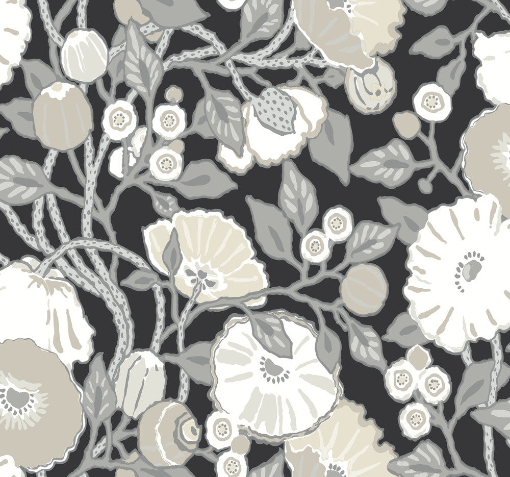 Vincent Poppies Black & Cream Wallpaper by Inspired by Color Black & White, III Covers about 60.8 square feet 27-in by 27-ft long roll Prepasted 25.25 - Fabric Carolina -