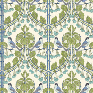 Birds & Cherries Green/Blue by G P & J Baker Wallpaper