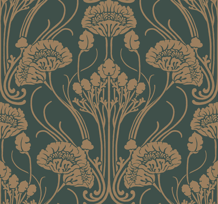 Nouveae Damask Green Wallpaper by Antonina Vella Antonina Vella Deco Covers about 60.8 square feet 27-in by 27-ft long roll Unpasted 25.25 - Fabric Carolina -