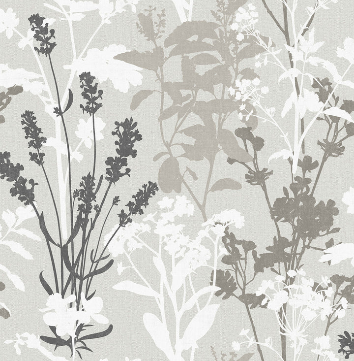 Meadow Grey Wild Flowers Wallpaper by Fine Decor Medley Covers about 56.4 square feet Great Britain Unpasted 20.86-in repeat, drop match 20.5-in by 33-ft long roll - Fabric Carolina -