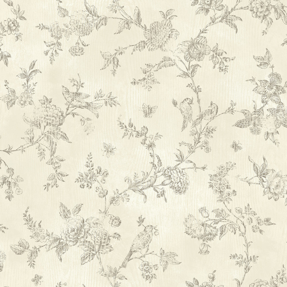 French Nightingale Cream Toile Wallpaper by Chesapeake The Cottage Covers about 56.4 square feet 20.5-in by 33-ft long roll Prepasted 20.5 - Fabric Carolina -