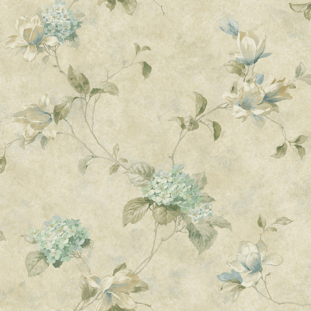 Magnolia Hydrangea Green Trail Wallpaper by Chesapeake The Cottage Covers about 56.4 square feet 20.5-in by 33-ft long roll Prepasted 20.5 - Fabric Carolina -