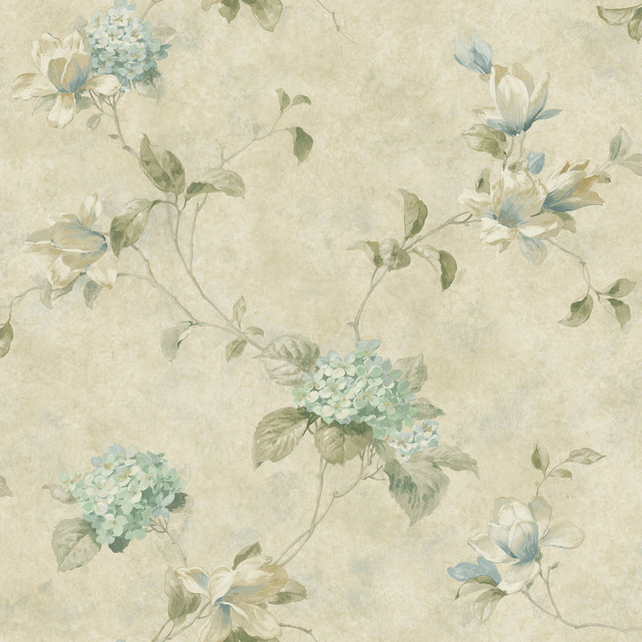 Magnolia Hydrangea Green Trail Wallpaper by Chesapeake The Cottage Covers about 56.4 square feet 20.5-in by 33-ft long roll Prepasted 20.5 - Fabric Carolina -
