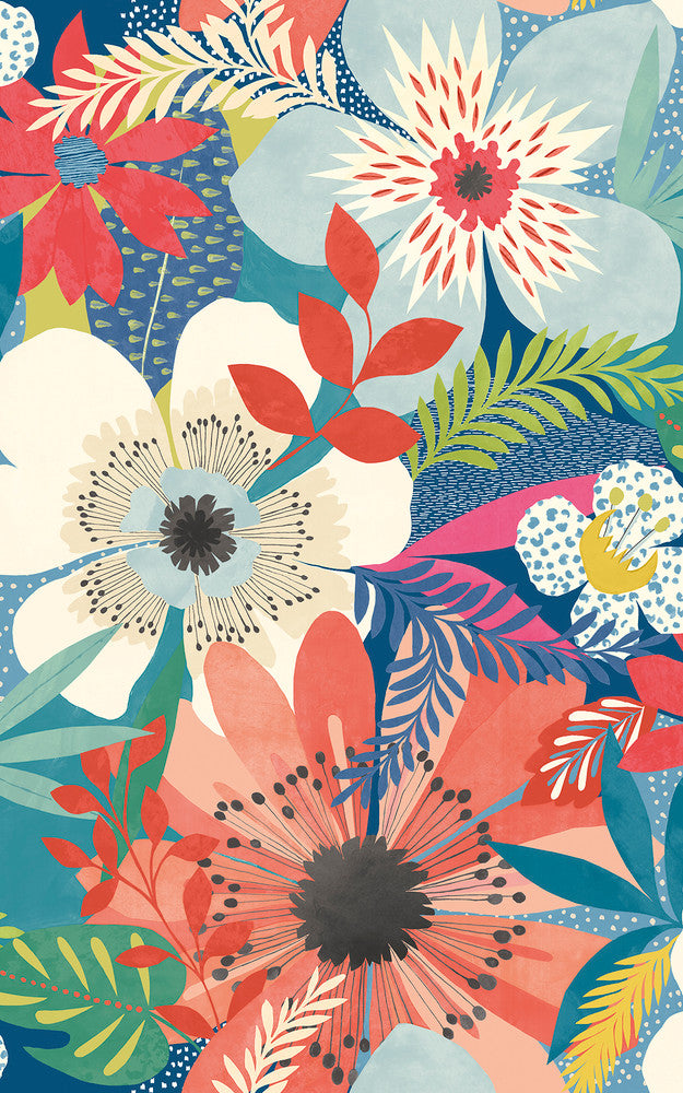 Janis Indigo Floral Riot Wallpaper by ohpopsi Concept Covers about 54.2 square feet 19.7-in by 33-ft long roll Unpasted 31.5 - Fabric Carolina -
