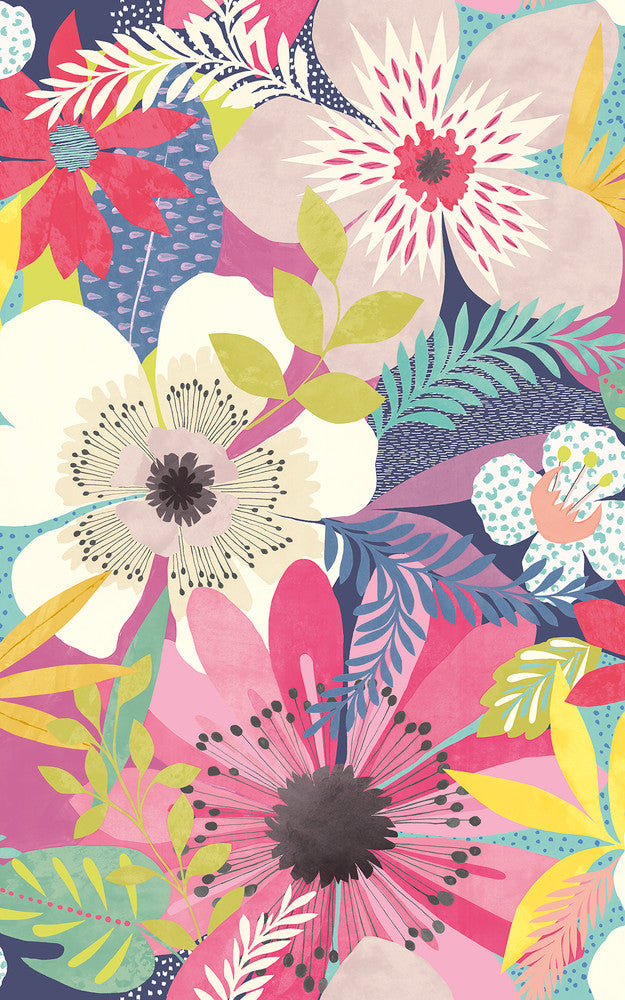 Janis Raspberry Floral Riot Wallpaper by ohpopsi Concept Covers about 54.2 square feet 19.7-in by 33-ft long roll Unpasted 31.5 - Fabric Carolina -