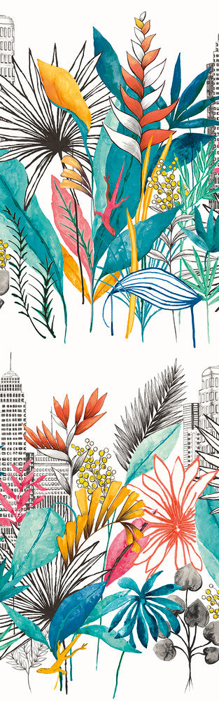 Sierra Blue Urban Tropic Wallpaper by ohpopsi Concept Covers about 54.2 square feet 19.7-in by 33-ft long roll Unpasted 63 - Fabric Carolina -