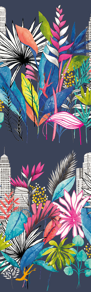 Sierra Indigo Urban Tropic Wallpaper by ohpopsi Concept Covers about 54.2 square feet 19.7-in by 33-ft long roll Unpasted 63 - Fabric Carolina -