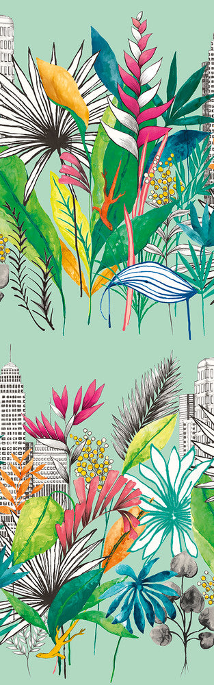 Sierra Mint Urban Tropic Wallpaper by ohpopsi Concept Covers about 54.2 square feet 19.7-in by 33-ft long roll Unpasted 63 - Fabric Carolina -