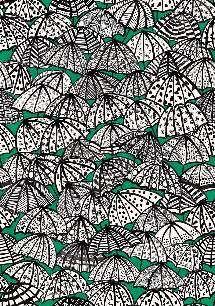 Dara Green Jolly Brollies Wallpaper by ohpopsi Concept Covers about 54.2 square feet 19.7-in by 33-ft long roll Unpasted 27.9 - Fabric Carolina -