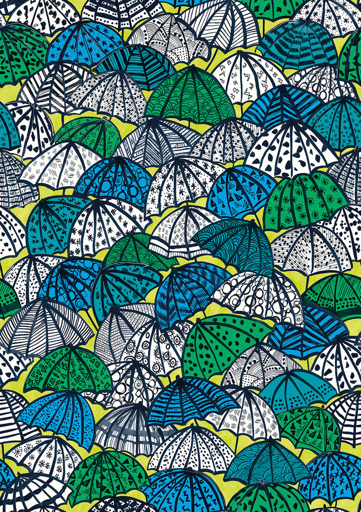 Dara Chartreuse Jolly Brollies Wallpaper by ohpopsi Concept Covers about 54.2 square feet 19.7-in by 33-ft long roll Unpasted 27.9 - Fabric Carolina -