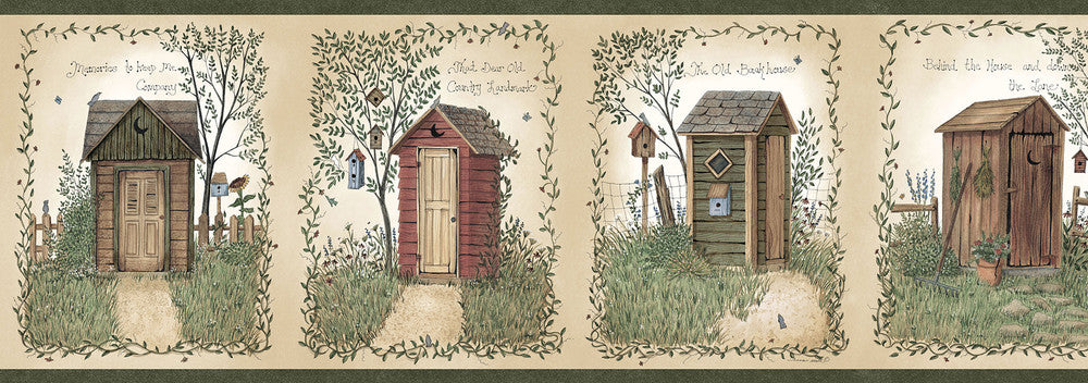 Fisher Sage Country Outhouses Wallpaper by Chesapeake Countryside Covers about 7.5 square feet 6-in by 15-ft long roll Prepasted 0 - Fabric Carolina -