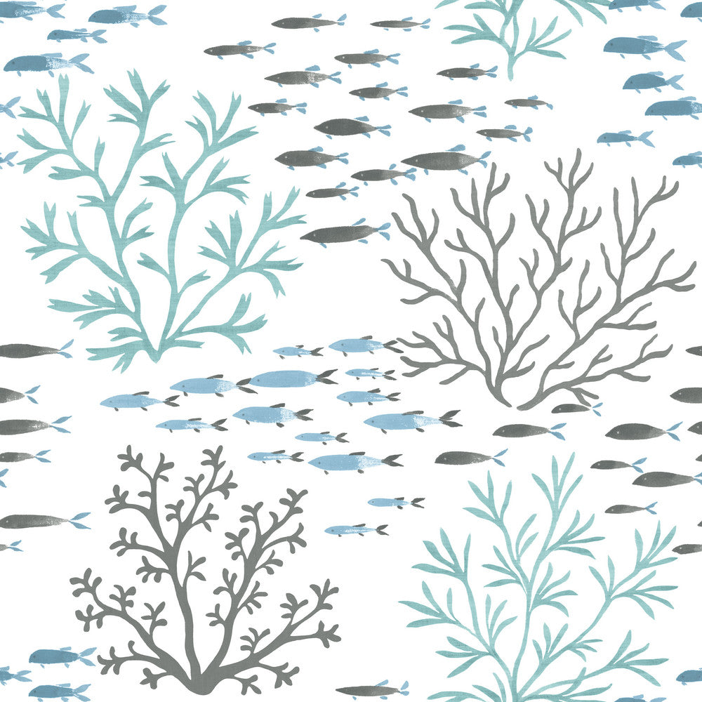 Marine Garden Blue & Brown Wallpaper by York Wallcoverings Water's Edge Resource Library Covers about 56.4 square feet 20.5-in by 33-ft long roll Prepasted 20.5 - Fabric Carolina -