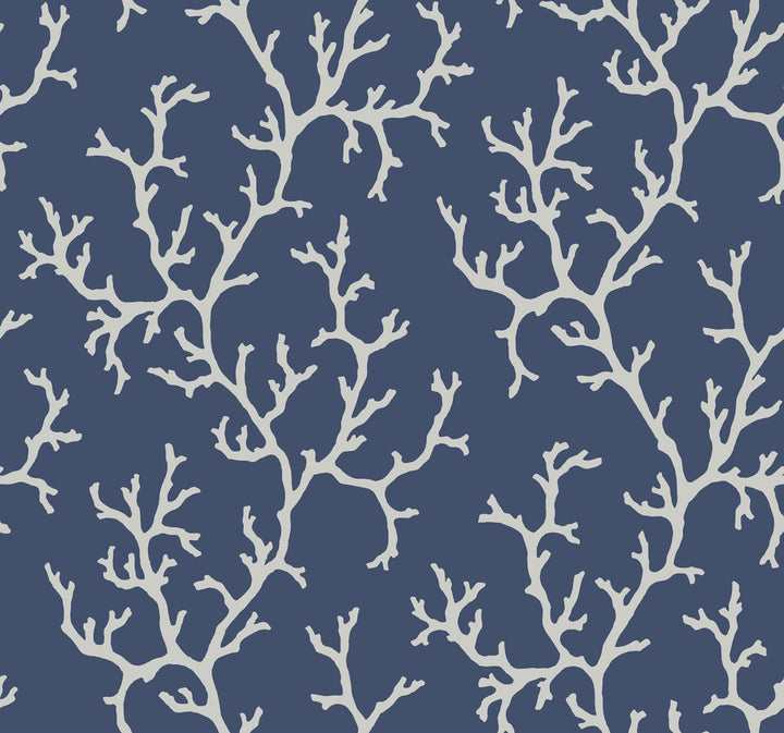 Coral Island Navy Wallpaper by York Wallcoverings Water's Edge Resource Library Covers about 60.8 square feet 27-in by 27-ft long roll Unpasted 25.25 - Fabric Carolina -