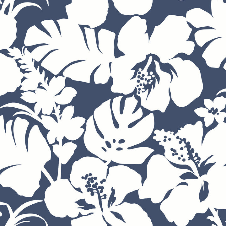 Hibiscus Arboretum Navy Wallpaper by York Wallcoverings Water's Edge Resource Library Covers about 56.4 square feet 20.5-in by 33-ft long roll Prepasted 20.5 - Fabric Carolina -