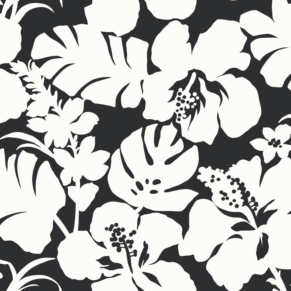 Hibiscus Arboretum Black Wallpaper by York Wallcoverings Water's Edge Resource Library Covers about 56.4 square feet 20.5-in by 33-ft long roll Prepasted 20.5 - Fabric Carolina -