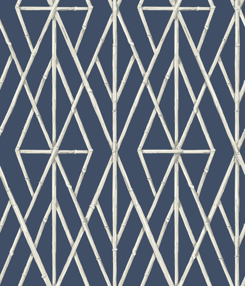 Riviera Bamboo Trellis Navy Wallpaper by York Wallcoverings Water's Edge Resource Library Covers about 56.4 square feet 20.5-in by 33-ft long roll Prepasted 24 - Fabric Carolina -