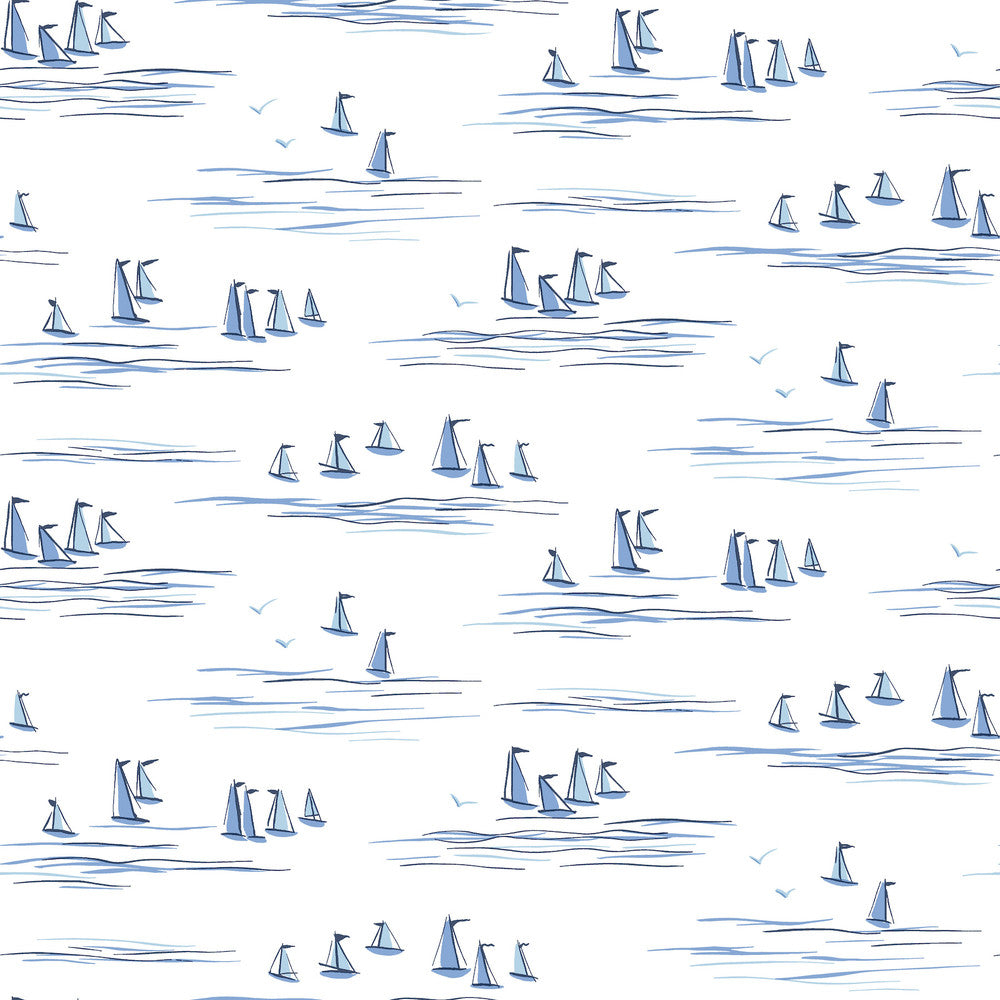 Full Sails Blue Wallpaper by York Wallcoverings Water's Edge Resource Library Covers about 56.4 square feet 20.5-in by 33-ft long roll Prepasted 20.5 - Fabric Carolina -