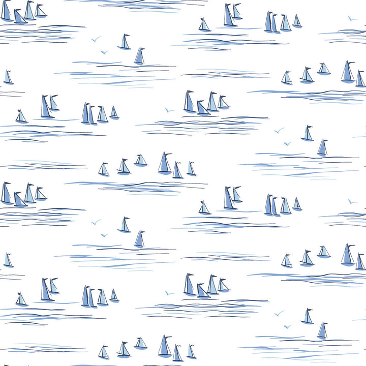 Full Sails Blue Wallpaper by York Wallcoverings Water's Edge Resource Library Covers about 56.4 square feet 20.5-in by 33-ft long roll Prepasted 20.5 - Fabric Carolina -