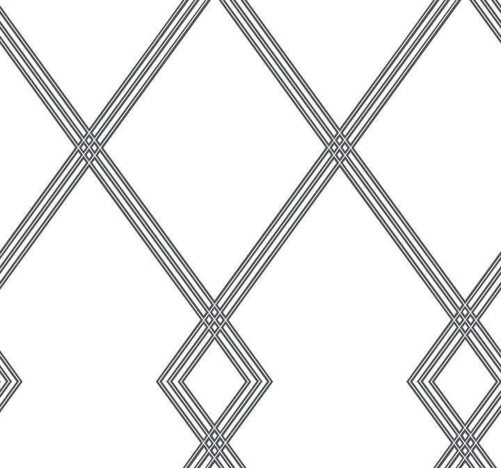 Ribbon Stripe Trellis White & Black Wallpaper by Inspired by Color Black & White, III Covers about 60.8 square feet 27-in by 27-ft long roll Prepasted 20.5 - Fabric Carolina -